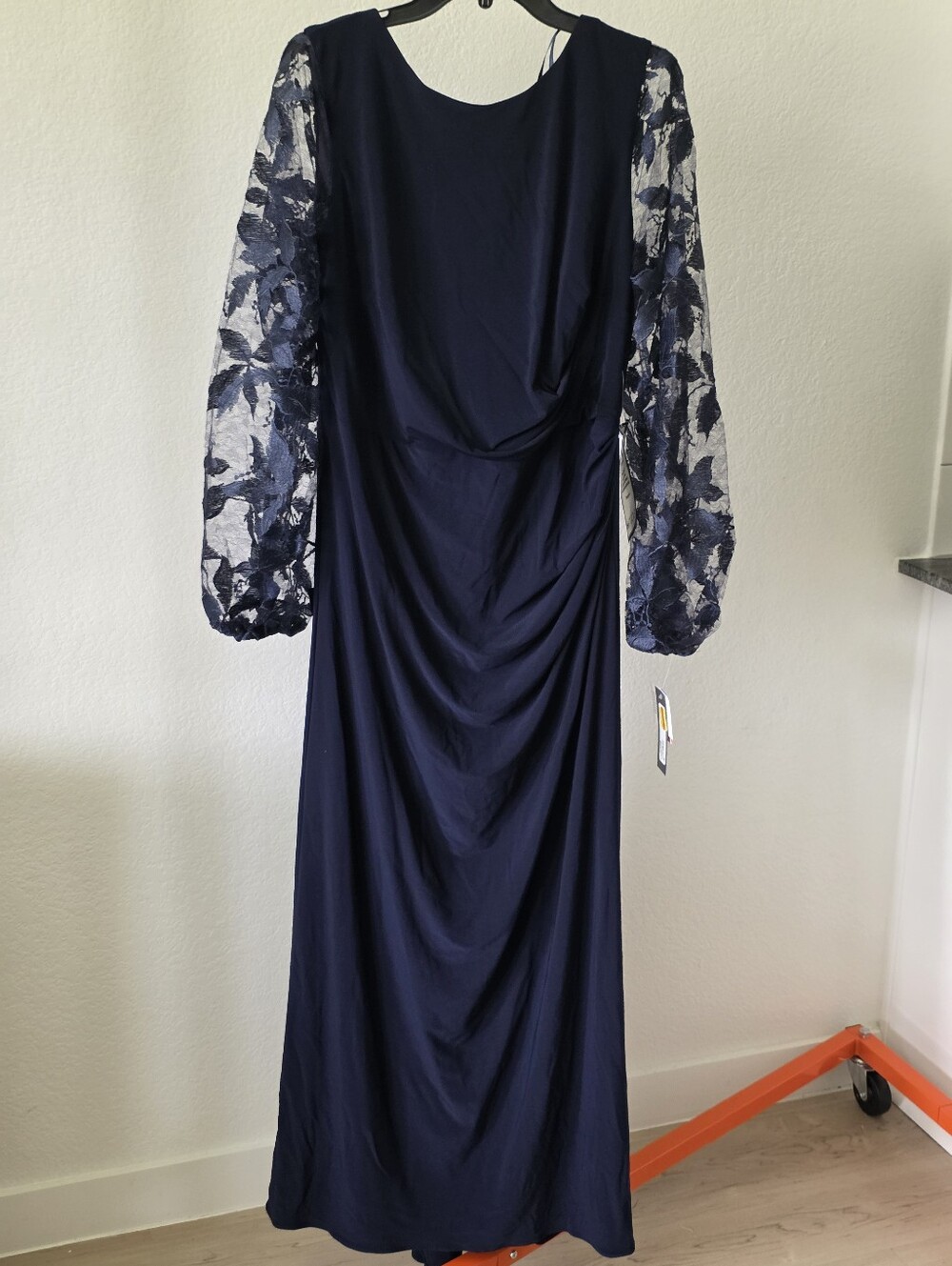 Betsy & Adam NWT 14W Navy Blue Lace Sleeve Ruched Formal Gown $259 Party - Picture 3 of 12